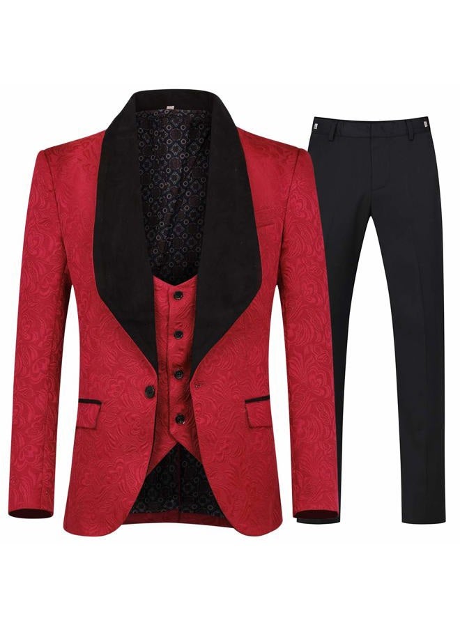 YFFUSHI Men's 3 Piece Suit Slim Fit Jacquard Tuxedo One Button Shawl Collar Jacket Vest & Trousers, Red, XS - Image 1