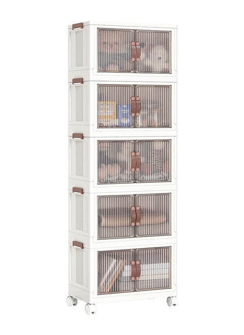 Sky-Touch 5 Tire Plastic Storage Bins With Lids, 5 Packs Folding Stackable Storage Bins With Doors And Wheels, Collapsible Storage Box Organizers And Storage Containers, White