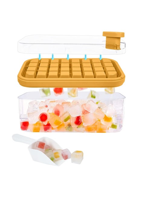 32 Holes Square Small Ice Cube Tray Food Safe Silicone Ice Cube Mold with Lid by Biode, Easy to Pop All Ice Cubes with a Press in 1 Second with Storage Box and Scoop (Yellow)