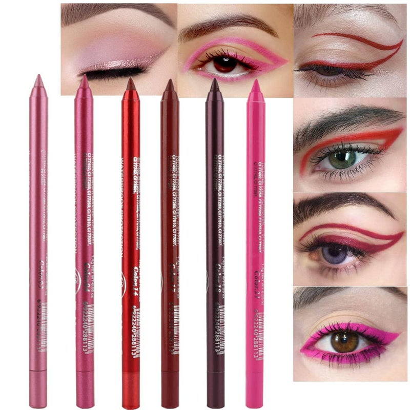 evpct evpct 6Pcs Glitter Eyeliner Pencils Set delineadores de colores para ojos lapiz de ojos negro a prueba de agua Pink Rose Red Orange Purple Metallic Colorful Liquid Eye Liners Set for Women Waterproof