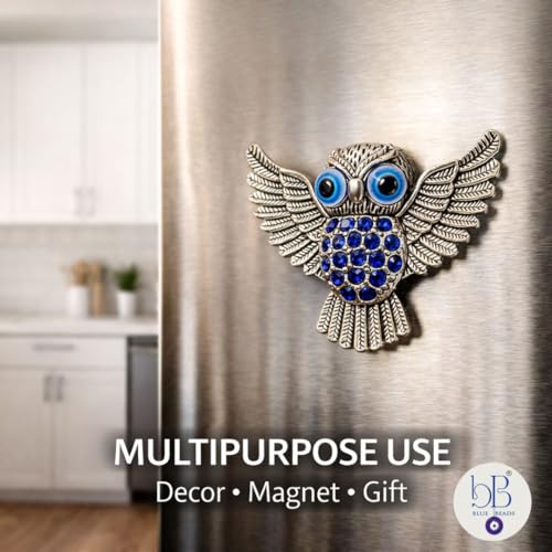 BLUE BEADS Home & Decor Magnets Multi Design Turkish Round Evil Eye Fridge Magnet Refrigerator Sticker Good Luck & Protection Unique Items Home and Office Decorative Car Accessories (Silver Owl) - Image 3
