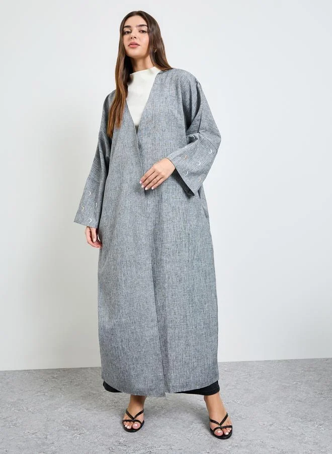 Amirah Grey Front Open Abaya with Embroidered Cuff Sleeve