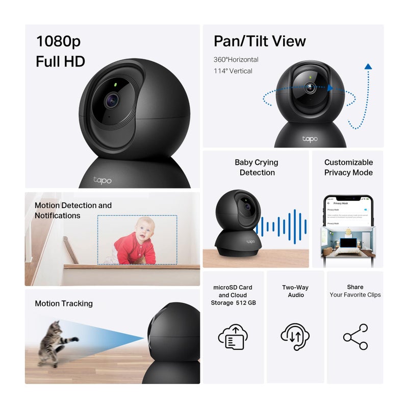 Tapo 1080P Indoor Pan/Tilt Wired Security Camera - Works as a Baby & Pet Monitor, Motion Detection, 2-Way Audio, Siren, Night Vision, Subscription-Free Local Storage or Optional Cloud, Black, C201 - Image 2