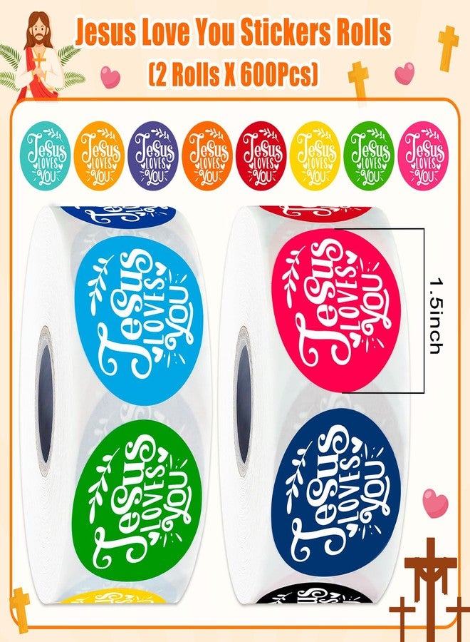 TORINALITAL 1200Pcs Jesus Loves You Stickers, 16 Colors Christian Religious Sticker Rolls, Jesus Loves You Decal Stickers for Kids Party Supplies(2 Rolls) - Image 2