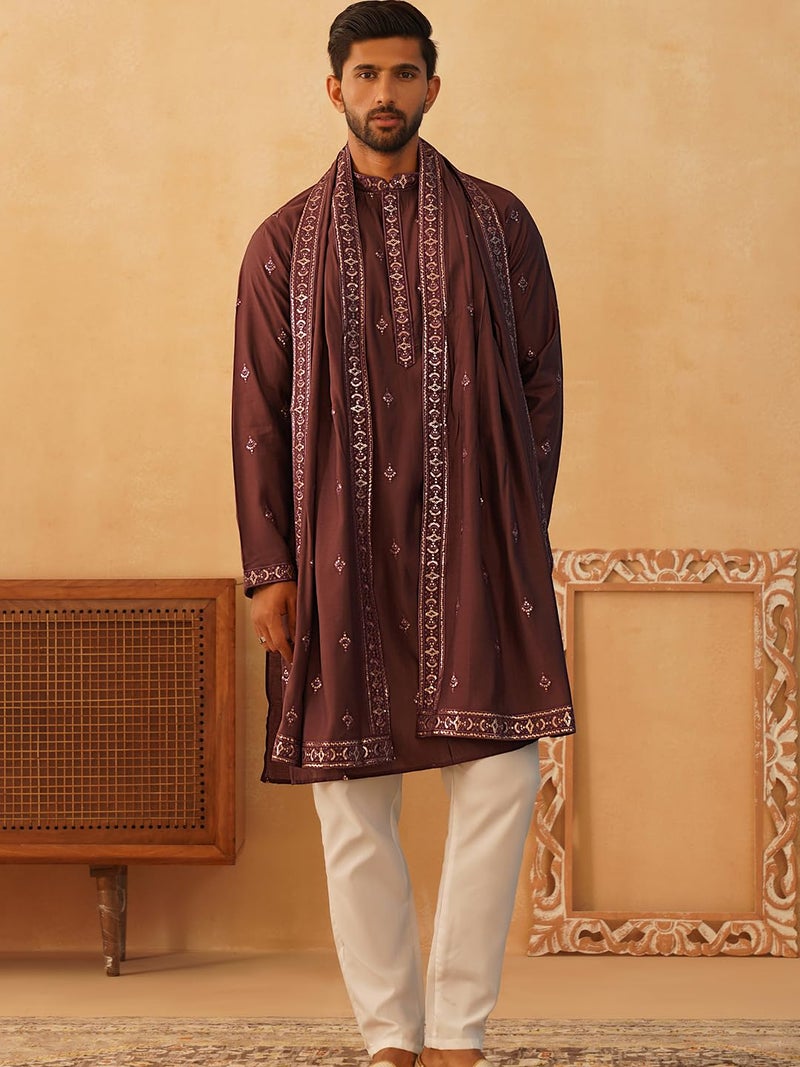 Jompers Men's Festive Silk Blend Embroidered Kurta Pyjama with Dupatta - Image 3