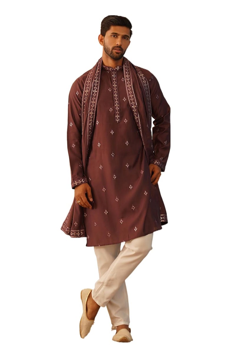 Jompers Men's Festive Silk Blend Embroidered Kurta Pyjama with Dupatta - Image 1
