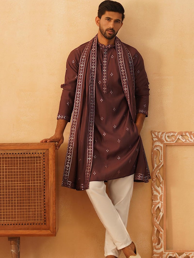 Jompers Men's Festive Silk Blend Embroidered Kurta Pyjama with Dupatta - Image 4