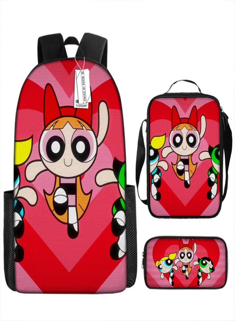 the powerpuff girls Children Backpack Schoolbag Teen Student School Book bag with Lunch Box Pen Case 3 in 1 for Kids