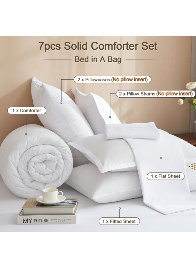 PHF 7 Pieces California King Comforter Set, Lightweight Bed in A Bag - Includes Comforter (265 cm x 250 cm), Flat Sheet (275 cm x 260 cm) and Fitted Sheet (185 cm x 215 cm) with 40cm Deep Pocket, 4 Pillowcases (2pc 50 cm x 90 cm + 2pc 50 cm x 100cm), White - Image 5