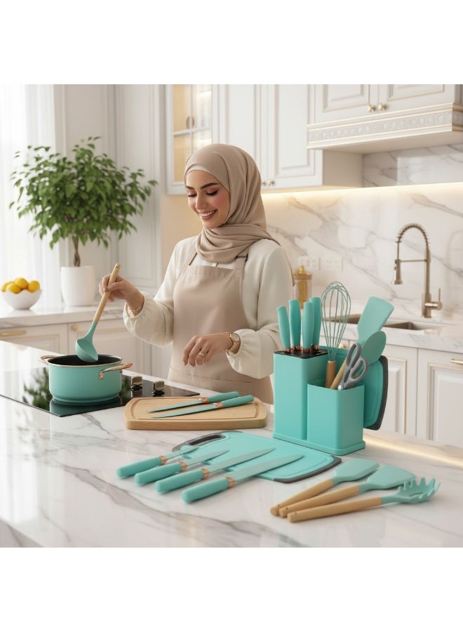 YAH Creation YAH 19 Piece Premium Silicone Kitchen Utensil Set with Wooden Handles Stainless Steel Knives and Cutting Board Heat Resistant Non Stick BPA Free for Home Cooking Daily Use Gift - Image 4