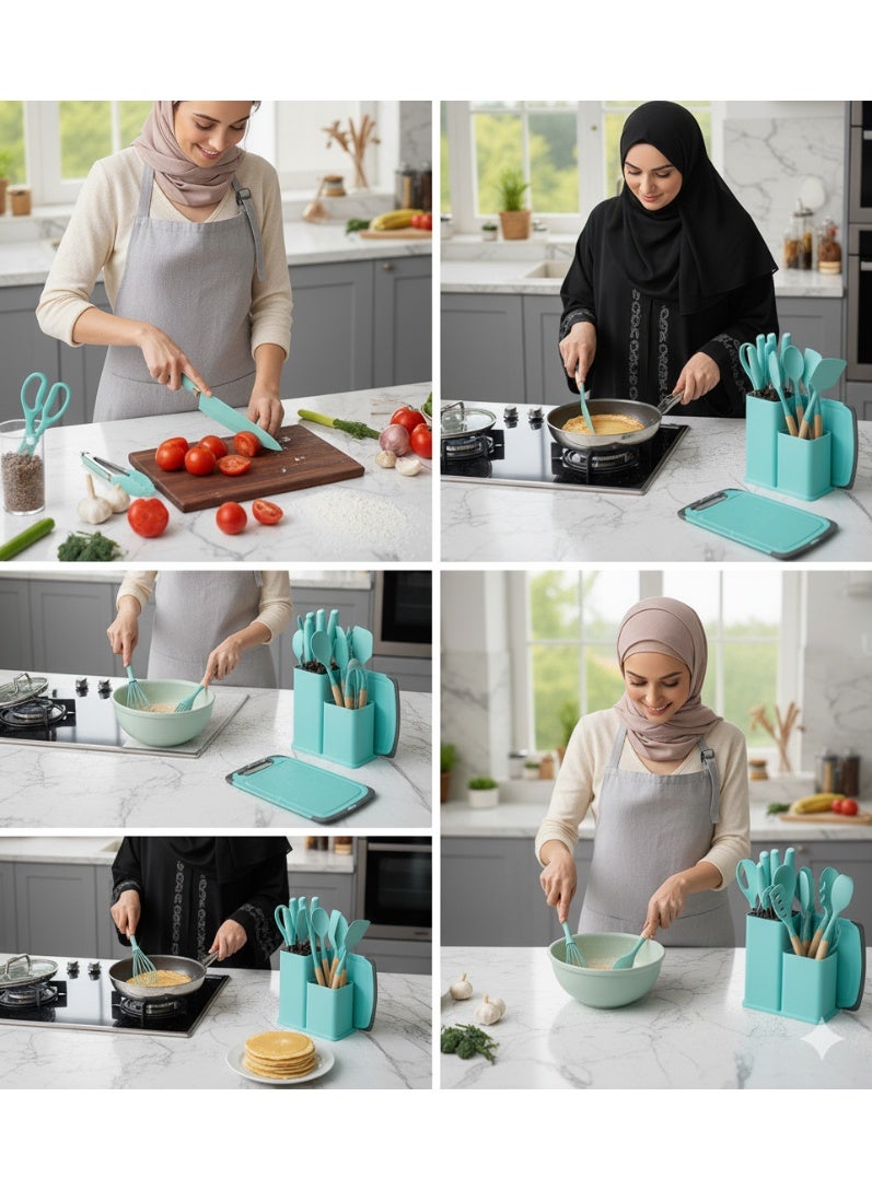 YAH Creation YAH 19 Piece Premium Silicone Kitchen Utensil Set with Wooden Handles Stainless Steel Knives and Cutting Board Heat Resistant Non Stick BPA Free for Home Cooking Daily Use Gift - Image 5