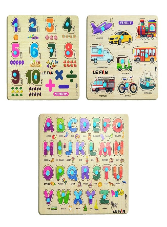 Lefan® Kids Fort Pre Nursery Educational Jigsaw Puzzles for Adults Kids Learning Toys Kit Board Game 3 pcs Set of Numbers Alphabets & Vehicle Educational Toy - Image 1