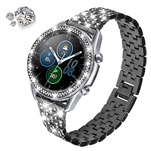 DEALELE Bands Compatible with Samsung Galaxy Watch 3 (41mm), 20mm Luxury Diamond Stainless Steel Metal Bracelet with Rhinestone Bezel Ring Case Cover Replacement for Women Men (Black) - Image 2