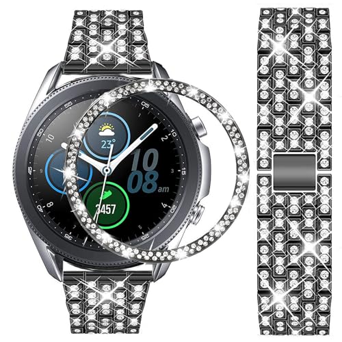 DEALELE Bands Compatible with Samsung Galaxy Watch 3 (41mm), 20mm Luxury Diamond Stainless Steel Metal Bracelet with Rhinestone Bezel Ring Case Cover Replacement for Women Men (Black) - Image 1