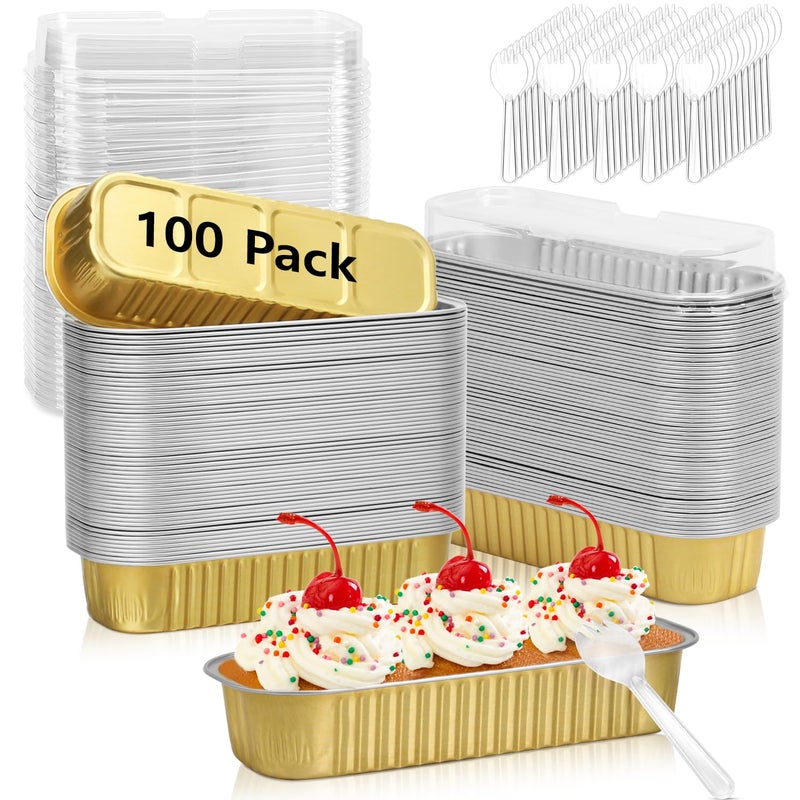 Ruckae 100 Pack Mini Loaf Pans with Lids and Spoons Disposable Aluminum Tin Foil Pans Rectangle Mini Loaf Cake Pan for BakingPartyPicnicsGifts Gold