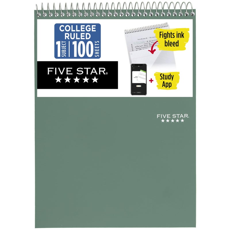 Five Star Top Spiral Notebook + Study App, 1 Subject, College Ruled Notepad, 8-1/2" x 11", 100 Sheets, Fights Ink Bleed, Water Resistant Cover, Seaglass Green (820058C-ECM) - Image 1