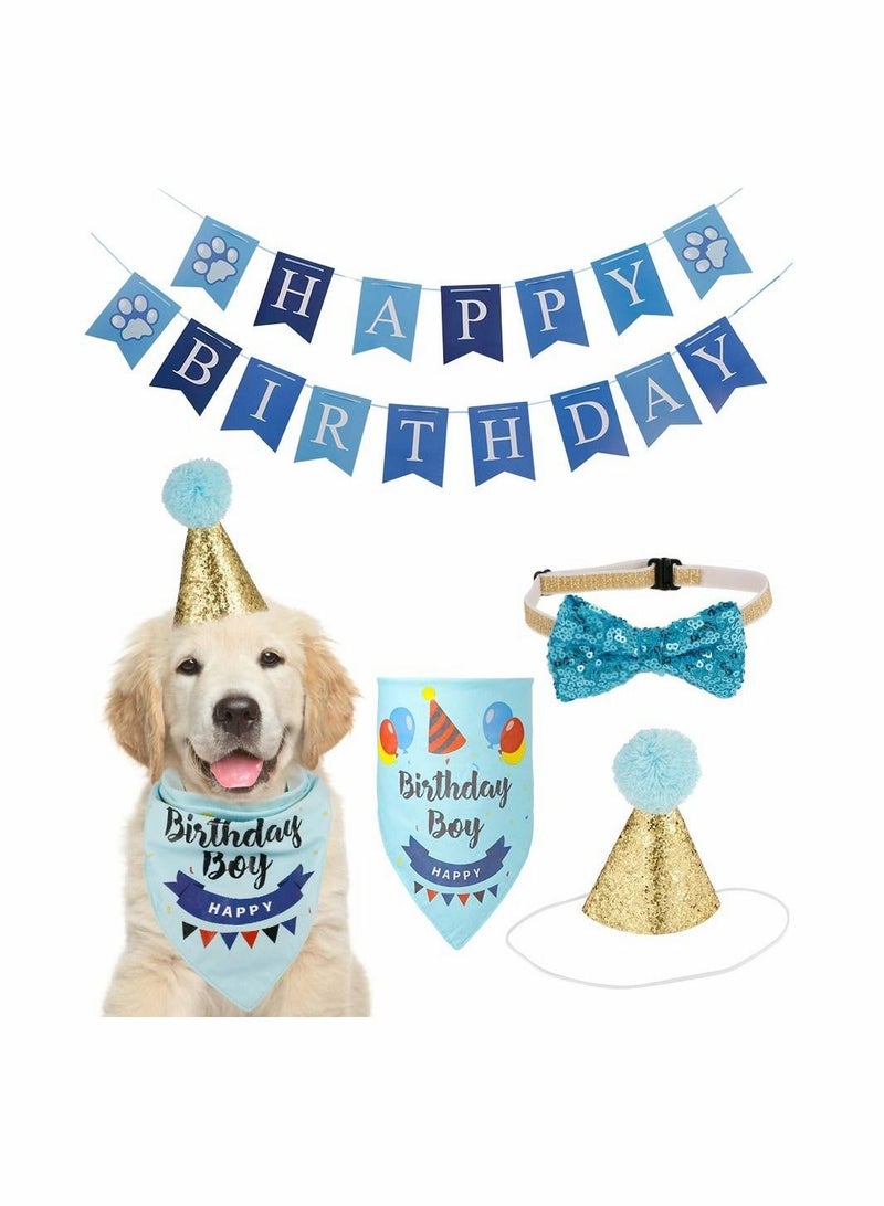 Excefore Dog Birthday Bandana Bow Tie Scarf with Dog Birthday Party Hat Happy Birthday Banner  - Image 1