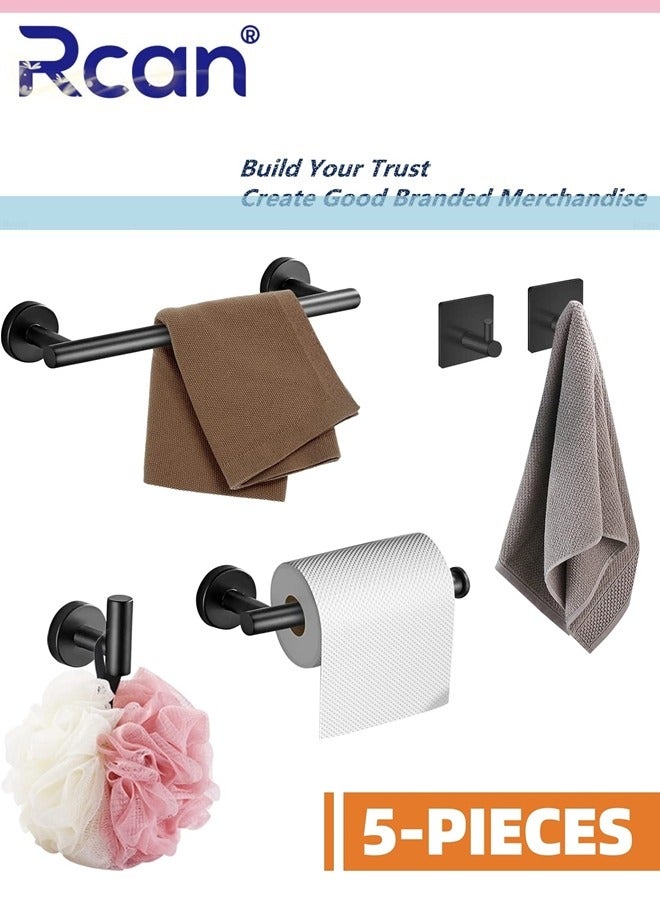 Rcan 5 PCS Matte Black Bathroom Hardware Set, 304 Stainless Steel Towel Rack Set Round Wall Mounted, Includes 16" Hand Towel Bar,Toilet Paper Holder,3 Towel Hooks Bathroom Accessories Kit - Image 2