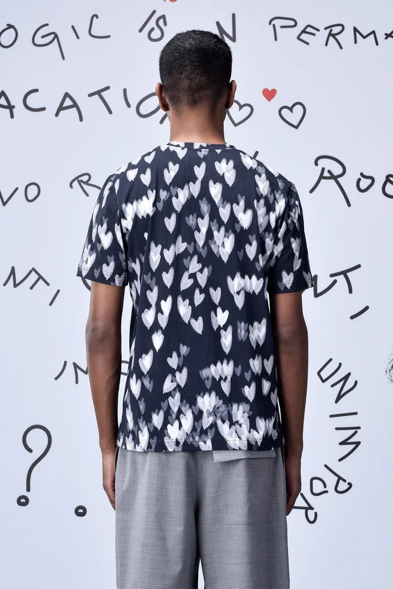 Genes Lecoanet Hemant Black Cotton Single Jersey T-Shirt with Heart Motif Print