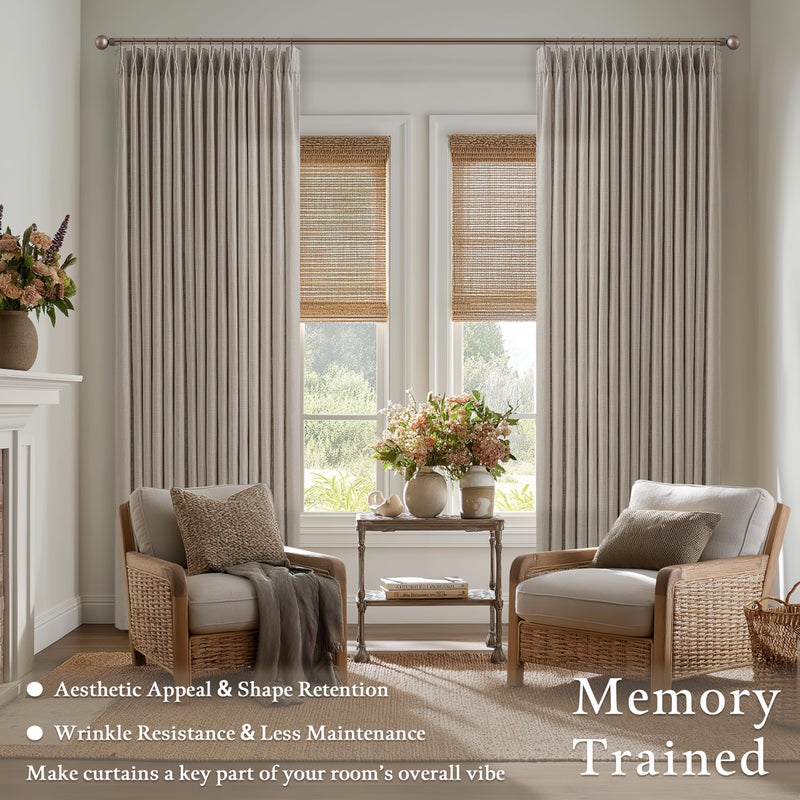 TWODRAPES Burlap Flax Linen Curtains Pinch Pleated 92 Inch Long 2 Panels for Living Room Bedroom Taupe Thick Linen Textured Semi Sheer Rustic Farmhouse Boho Back Tab Pleat Drapes Floor to Ceiling Curtains - Image 2