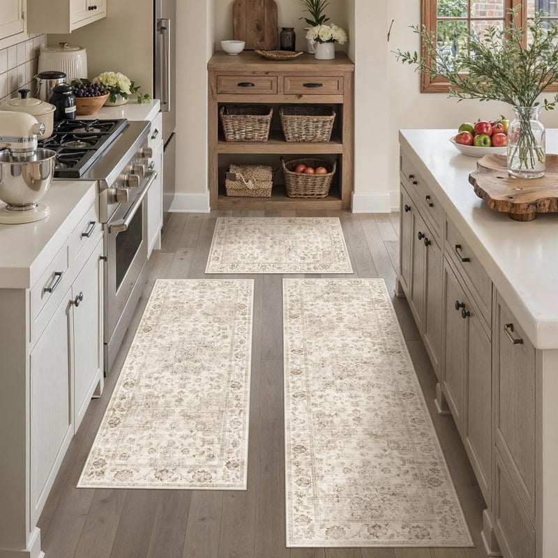 WondRg Neutral Kitchen Rug Set of 3 Washable Beige Vintage Kitchen Mats for Floor Non-Slip Kitchen Runner Rug Soft Low Pile for Bathroom Laundry Hallway Sink Entryway - Image 1