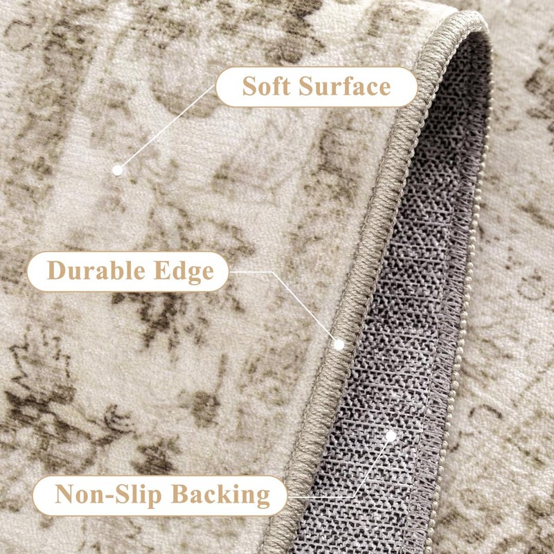WondRg Neutral Kitchen Rug Set of 3 Washable Beige Vintage Kitchen Mats for Floor Non-Slip Kitchen Runner Rug Soft Low Pile for Bathroom Laundry Hallway Sink Entryway - Image 2
