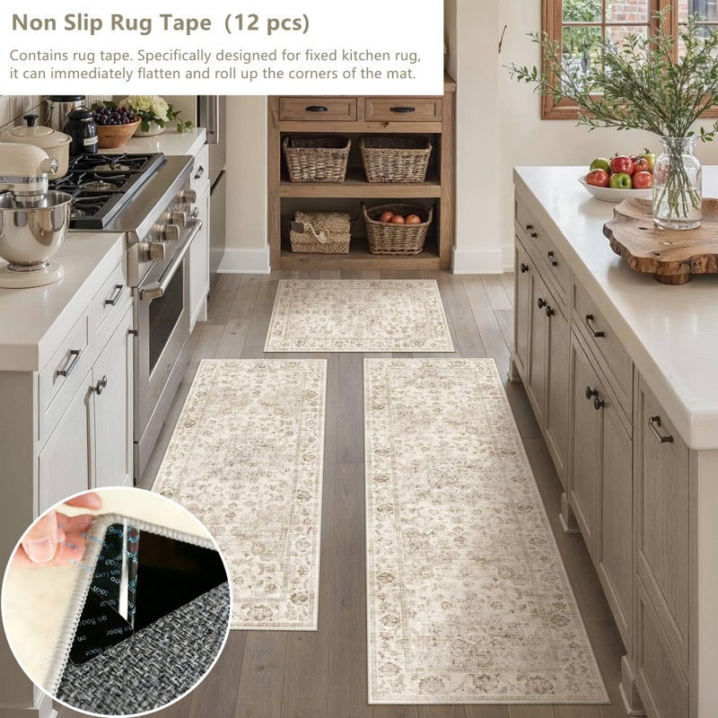 WondRg Neutral Kitchen Rug Set of 3 Washable Beige Vintage Kitchen Mats for Floor Non-Slip Kitchen Runner Rug Soft Low Pile for Bathroom Laundry Hallway Sink Entryway - Image 3