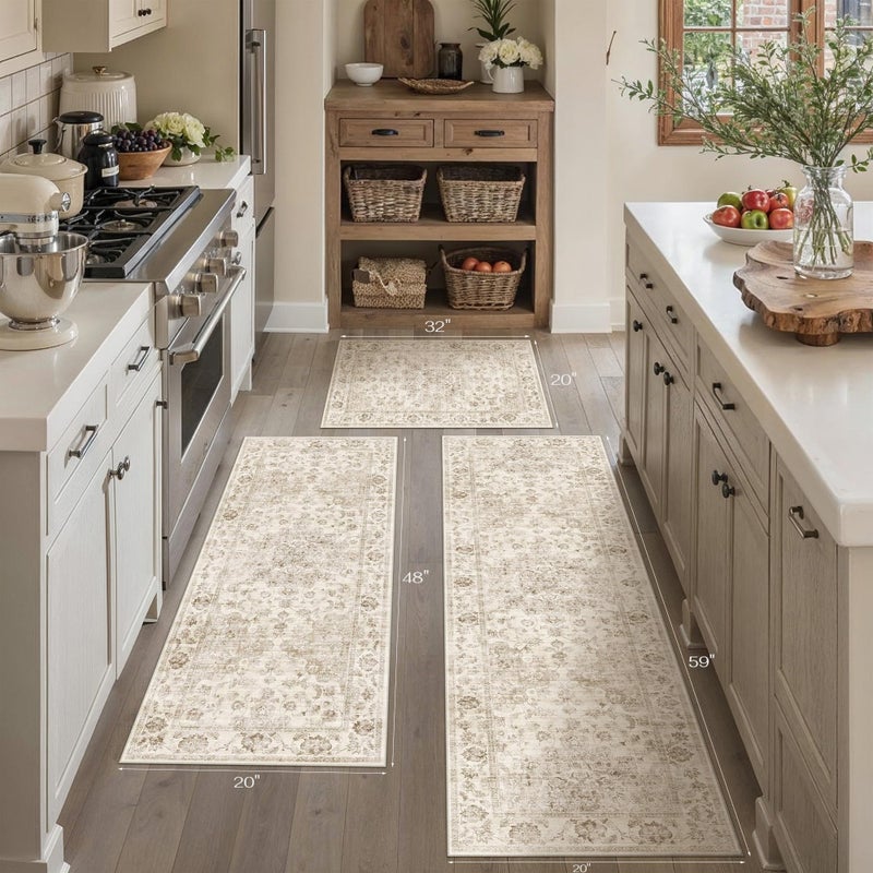 WondRg Neutral Kitchen Rug Set of 3 Washable Beige Vintage Kitchen Mats for Floor Non-Slip Kitchen Runner Rug Soft Low Pile for Bathroom Laundry Hallway Sink Entryway - Image 5