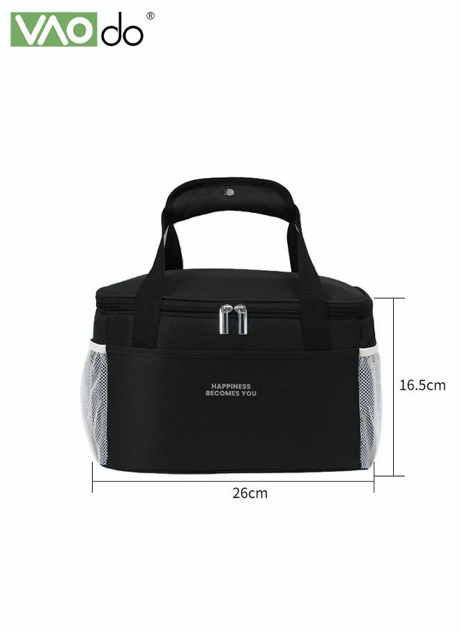 Large-capacity Lunch Box Bag 3-layer Thickened Partition Design Waterproof Fresh-keeping Picnic Bag Black Small