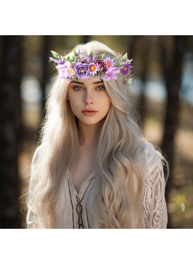 Vivivalue Fairy Floral Crown Woodland Headband Flower Headpiece Hair Wreath Forest Elven Circlet for Women Girls Halloween Renaissance Wedding Bridal Cosplay Prom Photo Props Purple - Image 2