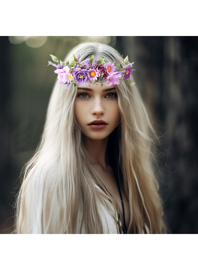 Vivivalue Fairy Floral Crown Woodland Headband Flower Headpiece Hair Wreath Forest Elven Circlet for Women Girls Halloween Renaissance Wedding Bridal Cosplay Prom Photo Props Purple - Image 4