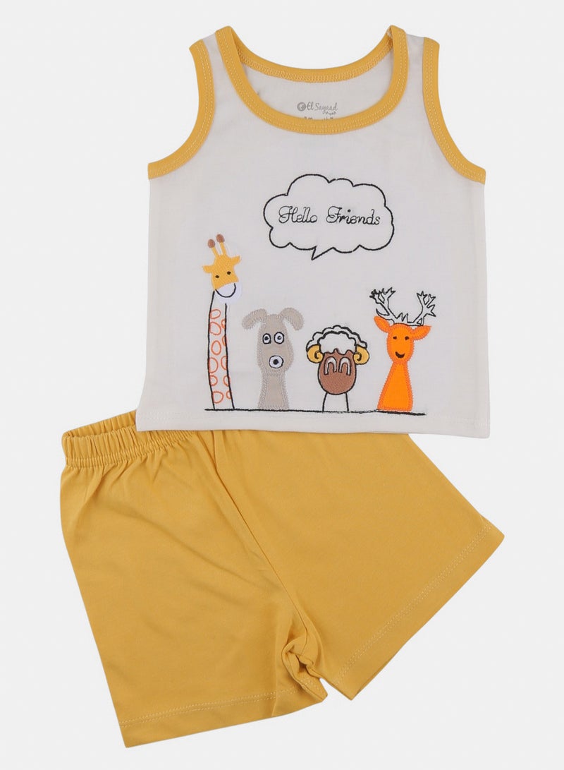 Boys White & Yellow "Hello Friends" Embroidered Pyjama Set