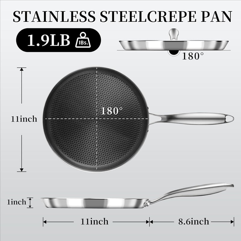 Innerwell Nonstick Crepe Pan 11inch Stainless Steel Crepe Pan Honeycomb Coating Flat Skillet Tawa Dosa Tortilla Pan,Omelet Pan with All Stove Tops Available, Induction Compatible - Image 2