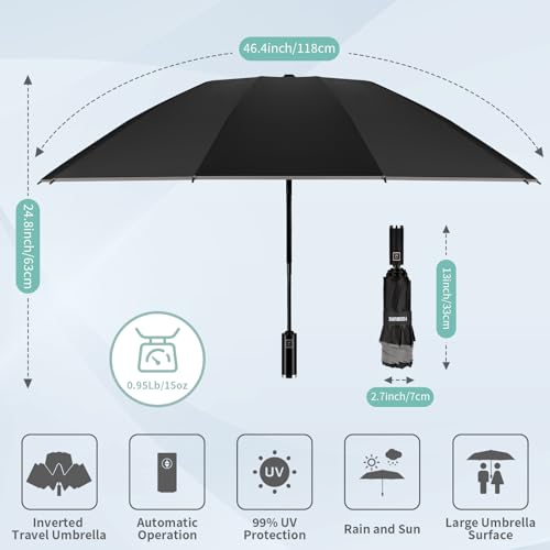 Yoobure Inverted Windproof Travel Umbrella - Automatic Umbrellas for Rain, Compact Folding with Reflective Stripe, Portable Large for Backpack, Lightweight with Sun UV Protection - Image 2