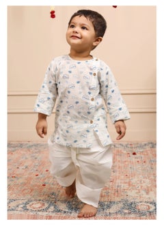 Polka Tots Polka Tots Full Sleeves Elephant Print Angrakha with Dhoti - White & Blue  - Image 1