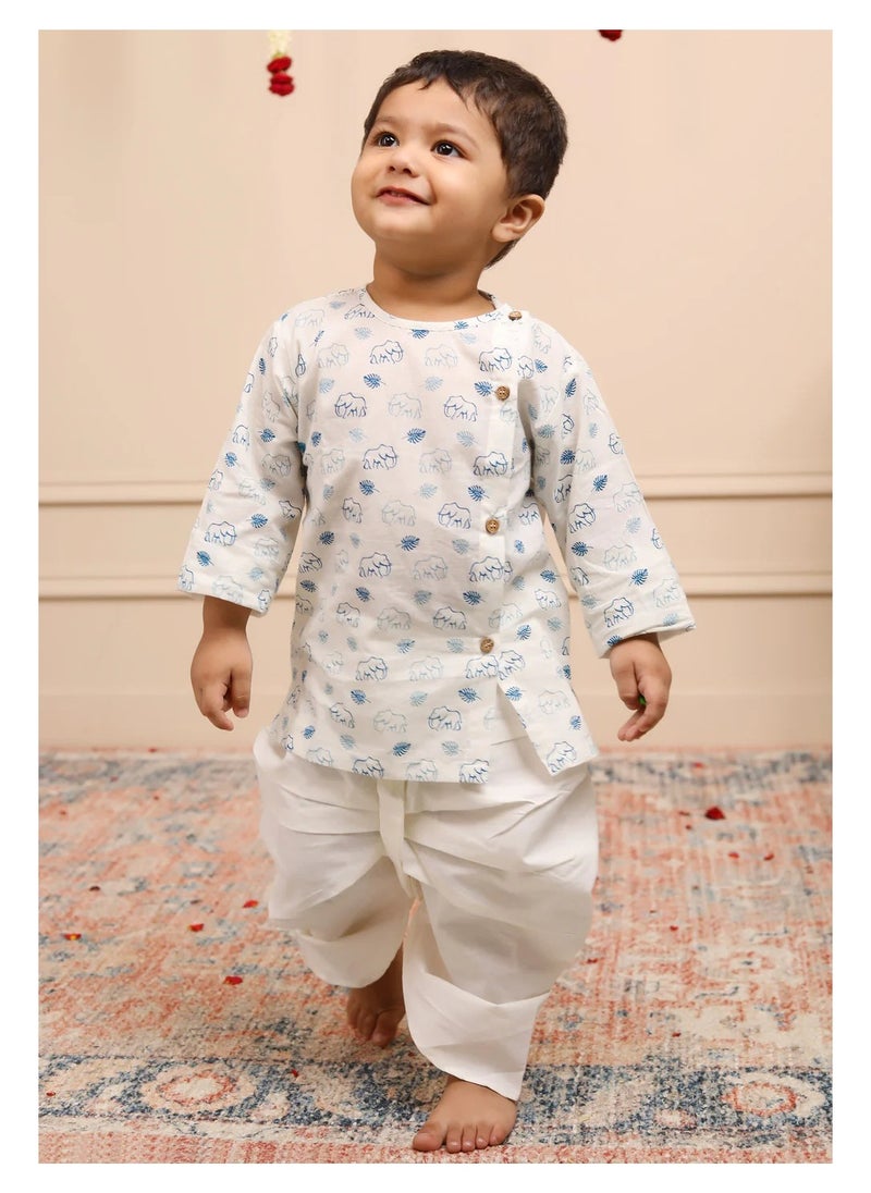 Polka Tots - Polka Tots Full Sleeves Elephant Print Angrakha with Dhoti - White & Blue - Image 1