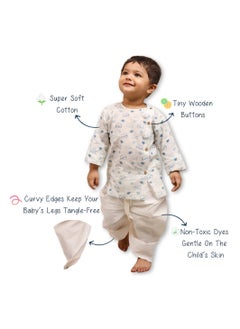 Polka Tots Polka Tots Full Sleeves Elephant Print Angrakha with Dhoti - White & Blue  - Image 5