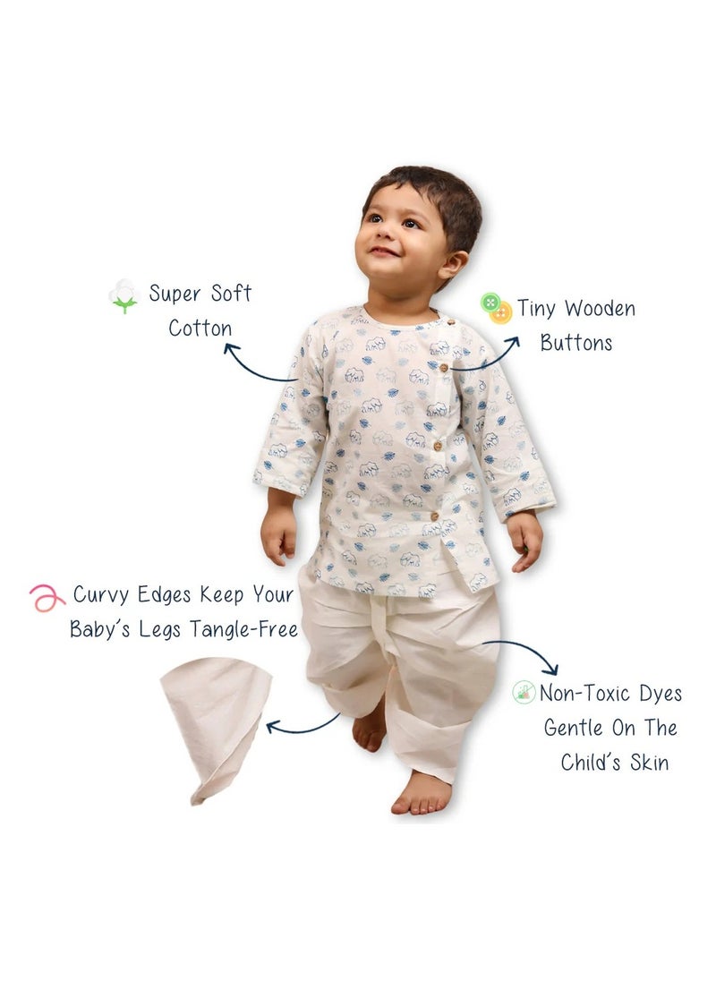 Polka Tots - Polka Tots Full Sleeves Elephant Print Angrakha with Dhoti - White & Blue - Image 1