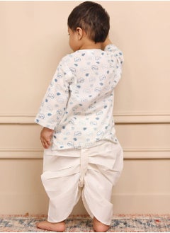 Polka Tots Polka Tots Full Sleeves Elephant Print Angrakha with Dhoti - White & Blue  - Image 2