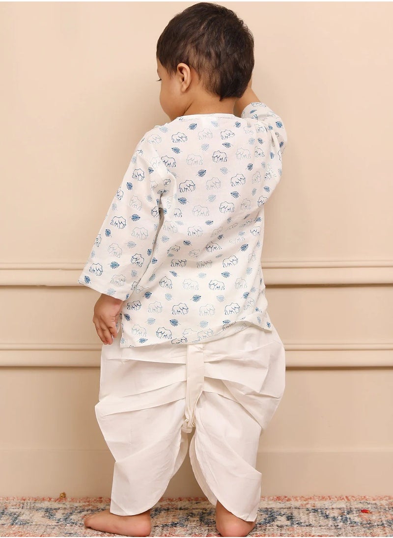 Polka Tots - Polka Tots Full Sleeves Elephant Print Angrakha with Dhoti - White & Blue - Image 1