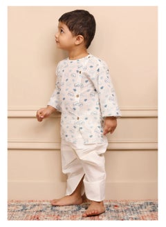 Polka Tots Polka Tots Full Sleeves Elephant Print Angrakha with Dhoti - White & Blue  - Image 3