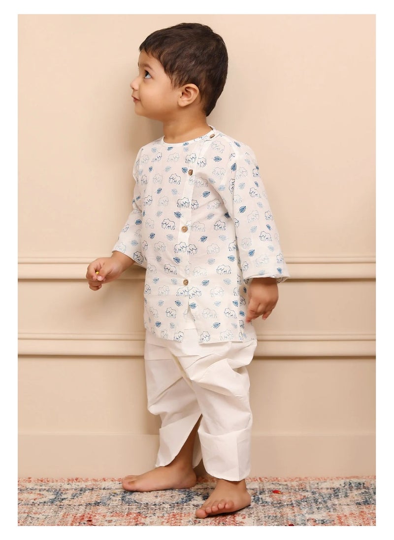 Polka Tots - Polka Tots Full Sleeves Elephant Print Angrakha with Dhoti - White & Blue - Image 1