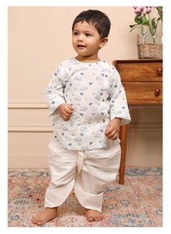 Polka Tots Polka Tots Full Sleeves Elephant Print Angrakha with Dhoti - White & Blue  - Image 4