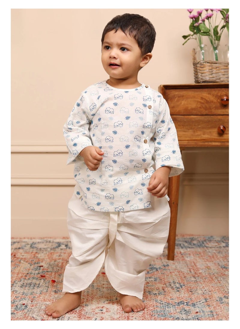 Polka Tots - Polka Tots Full Sleeves Elephant Print Angrakha with Dhoti - White & Blue - Image 1
