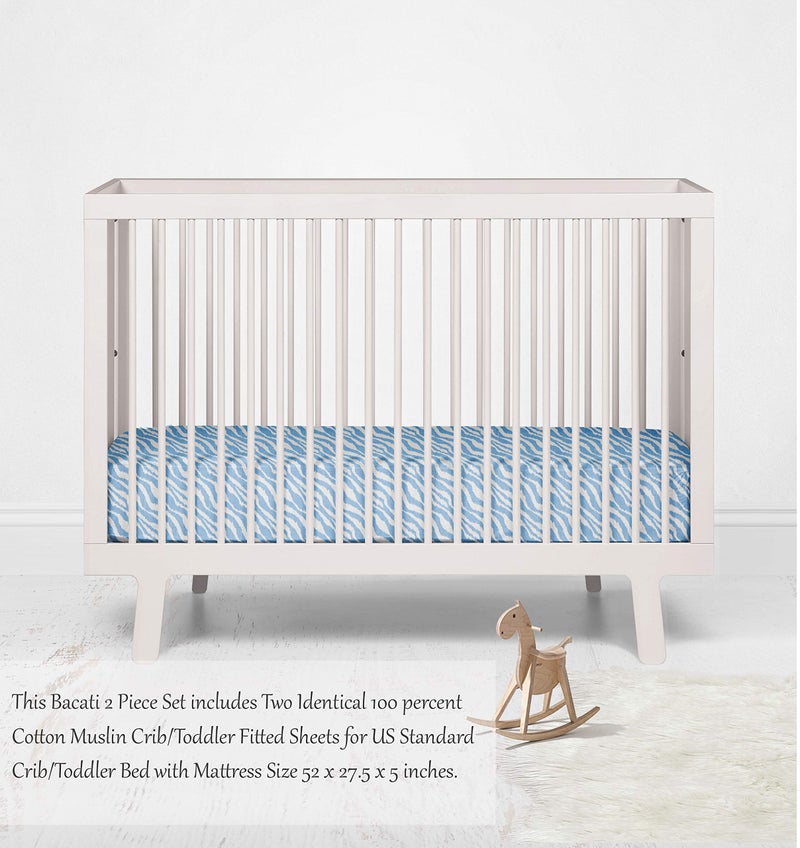 Bacati - 2 Pack Boys Essentials Classic Super Soft Breathable 100% Cotton Muslin Baby Crib Fitted Sheets - Fits Standard 28 x 52 x 5 Crib & Toddler Mattresses (Ikat Zebra Blue) - Image 4