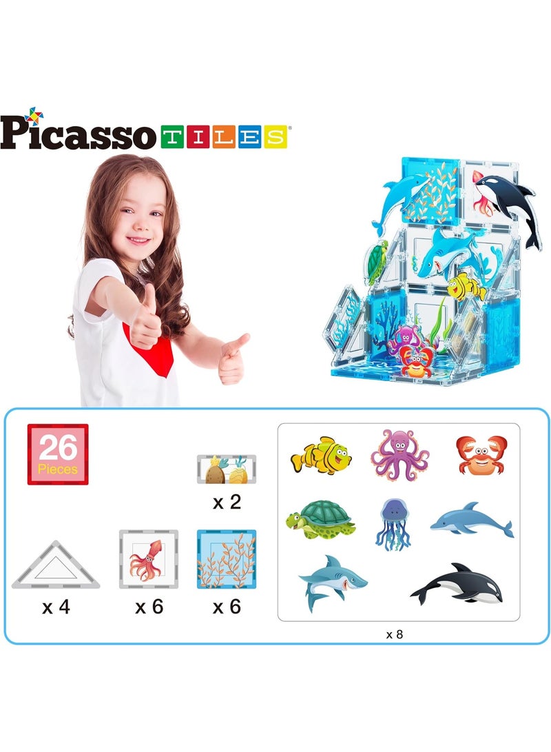 PicassoTiles مجموعة بلاط بيكاسو المغناطيسية للحيوانات البحرية في حوض السمك 26 قطعة | متوافقة مع البلاط المغناطيسي | كتل بناء | ألعاب STEM | مجموعة ألعاب تعليمية | كتل تكديس | مجموعة بناء للأطفال لتطوير الدماغ - Image 2