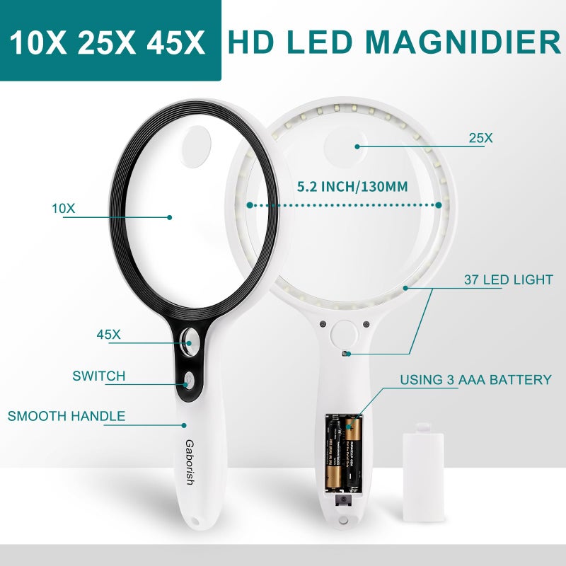 GABORISH Large Magnifying Glass with 37 LED Light, 10X 20X 45X Handheld Illuminated Lighted Magnifier with 3 Light Modes for Seniors Reading, Inspection, Coins, Exploring Close Work - Image 4