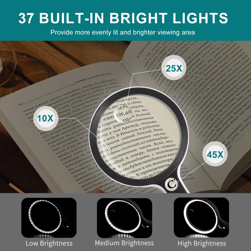 GABORISH Large Magnifying Glass with 37 LED Light, 10X 20X 45X Handheld Illuminated Lighted Magnifier with 3 Light Modes for Seniors Reading, Inspection, Coins, Exploring Close Work - Image 2