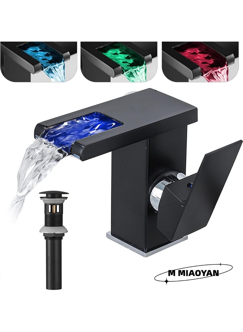 M MIAOYAN LED Bathroom Sink Faucet - Black Waterfall Single Hole Handle 3 Colors Changing Matching Drain Assembly with Overflow Bath Basin Deck Mount Commercial Modern - Image 1