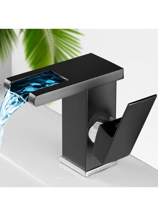 M MIAOYAN LED Bathroom Sink Faucet - Black Waterfall Single Hole Handle 3 Colors Changing Matching Drain Assembly with Overflow Bath Basin Deck Mount Commercial Modern - Image 2